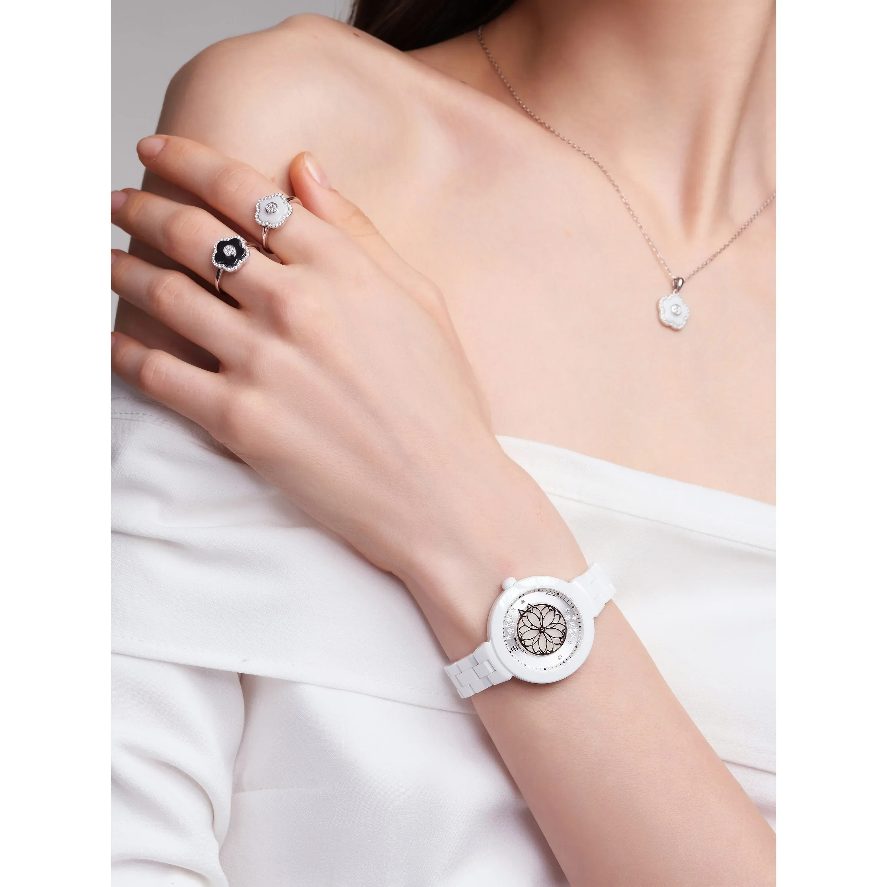 BLACK BY BLUE BRAVE | Cherry Blossom Ceramic White Diamond Watch (34MM) - Image 5
