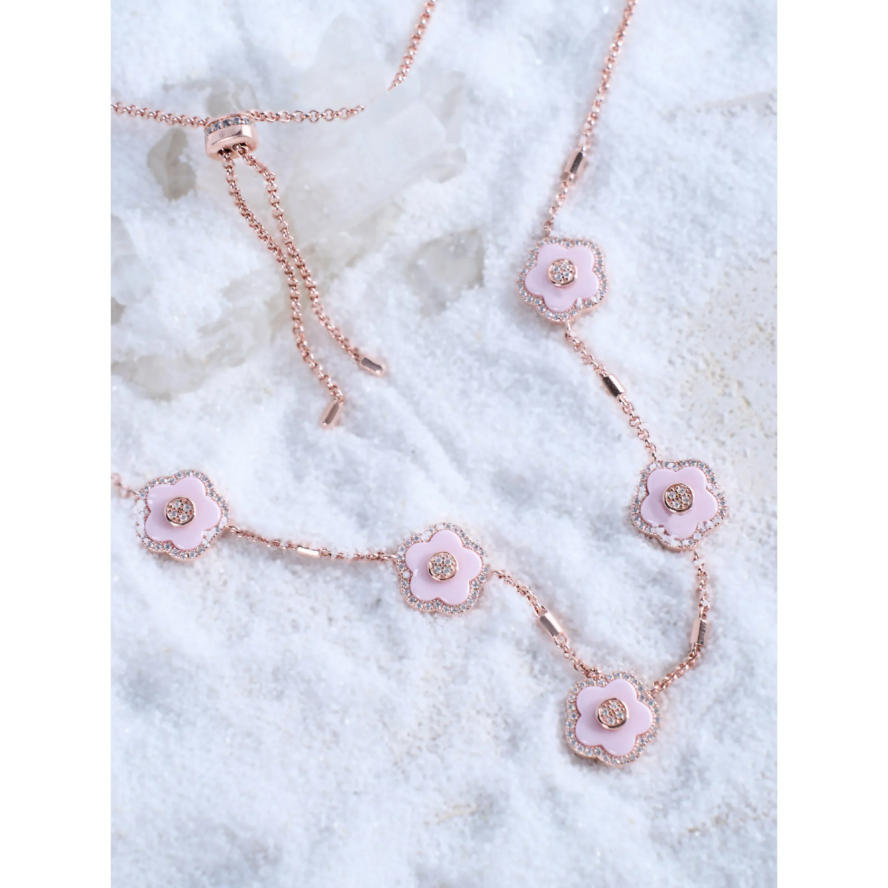 BLACK BY BLUE BRAVE | Classic Flower Necklace Brass 18k Rosegold Plating & Pink Ceramic 420-650mm With Sliding Clasp - Image 3