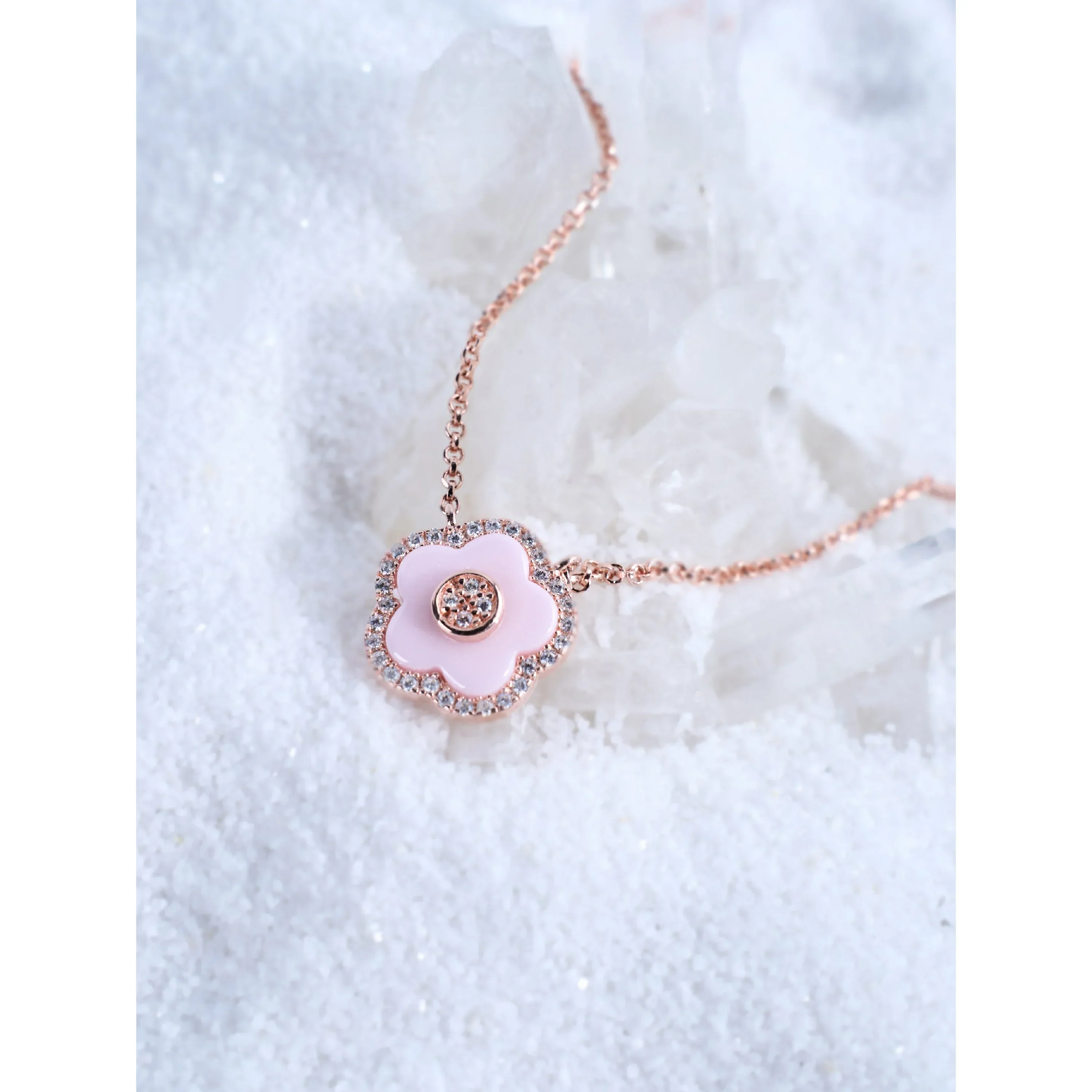 BLACK BY BLUE BRAVE | Classic Flower Necklace Brass 18k Rosegold Plating & Pink Ceramic 420-650mm With Sliding Clasp - Image 3