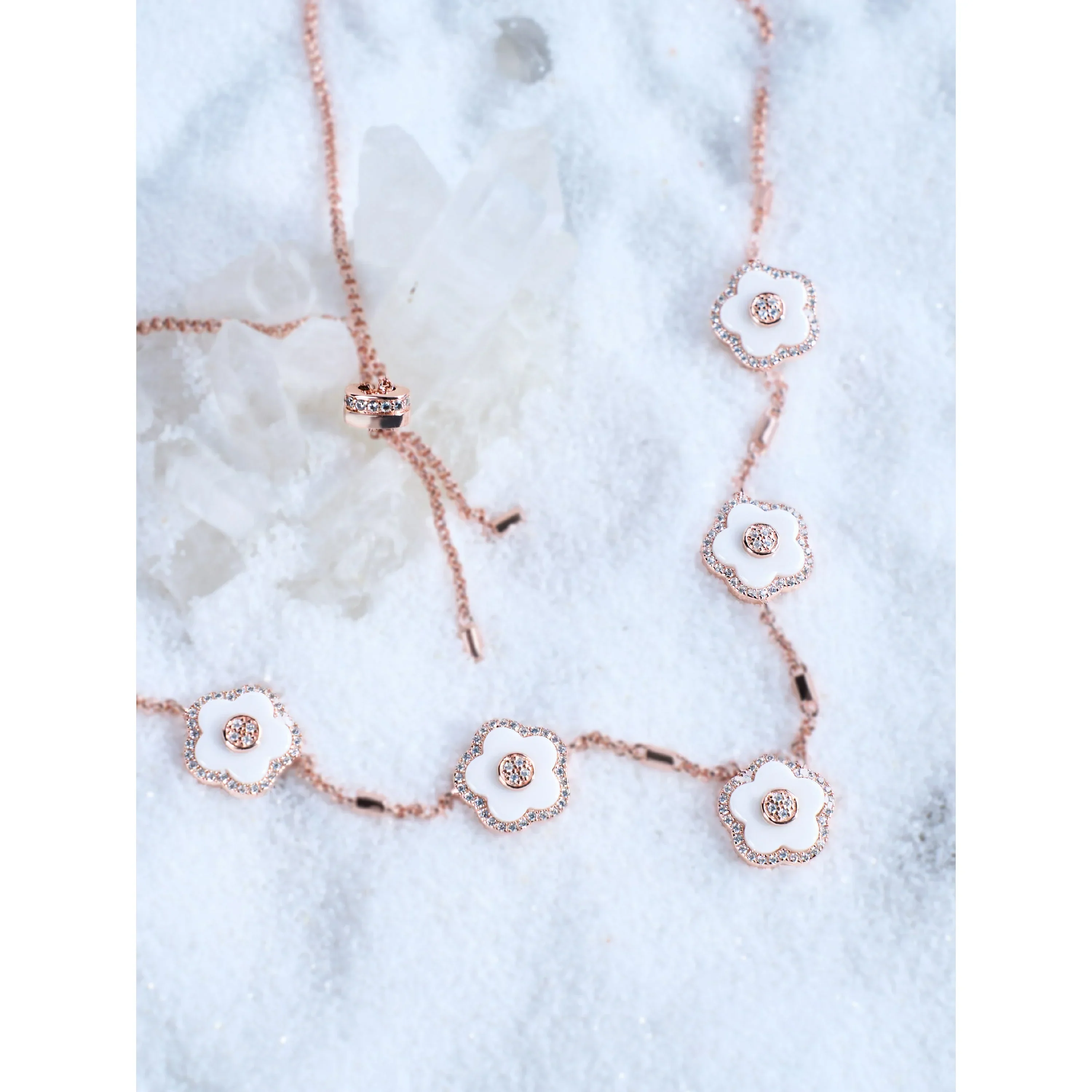 BLACK BY BLUE BRAVE | Classic Flower Necklace Brass 18k Rosegold Plating & White Ceramic 420-650mm With Sliding Clasp - Image 3